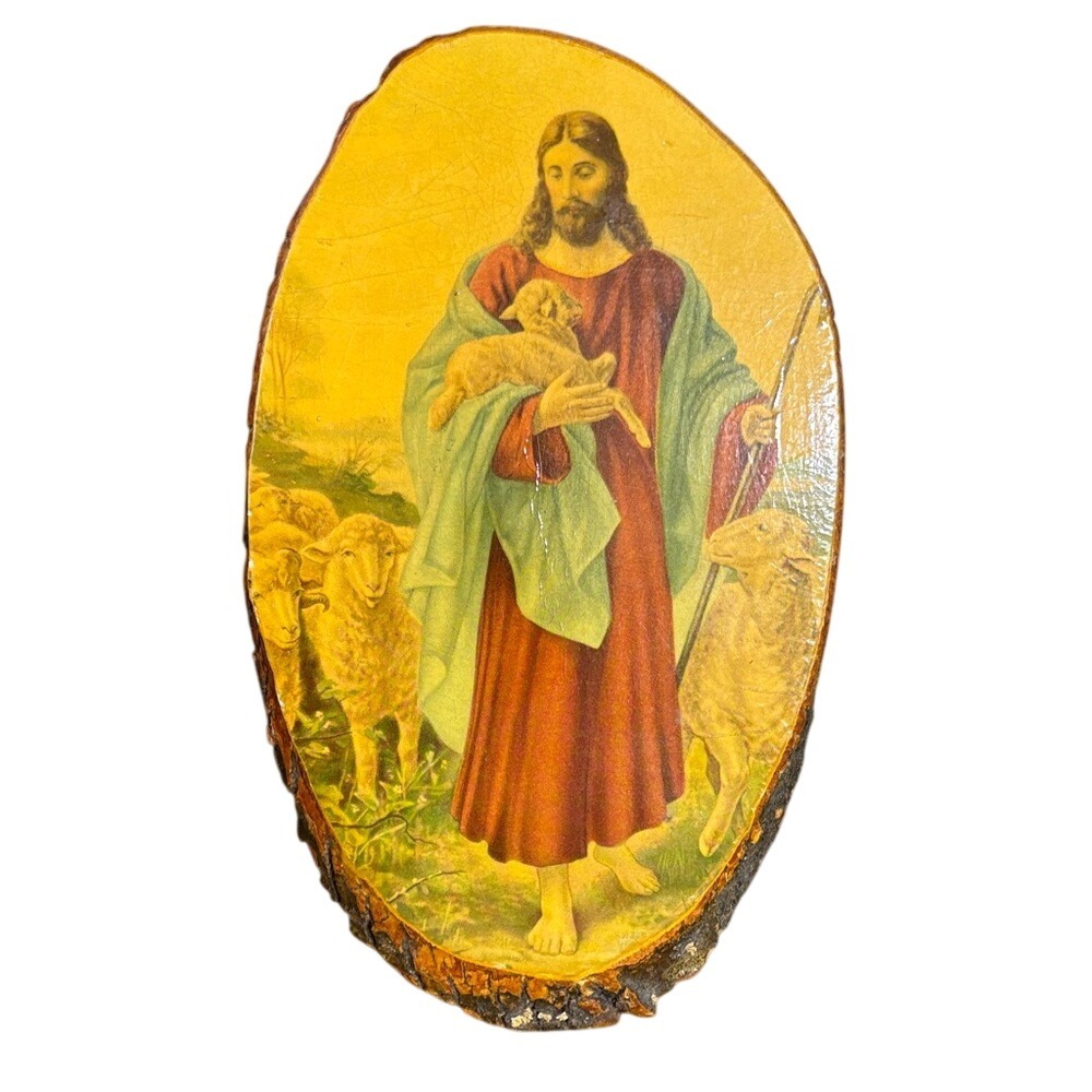 Vintage Jesus Picture "The Good Shepherd"‎ Wood Slice Art Oval Rustic USA 8.75"
